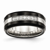 Sophia Jewelers Polished Stainless Steel Black Ceramic CZ Beveled Wedding Band